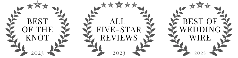 The Knot Best of Weddings and WeddingWire Couples' Choice 2023 award badges earned by Lucas Studios NC.